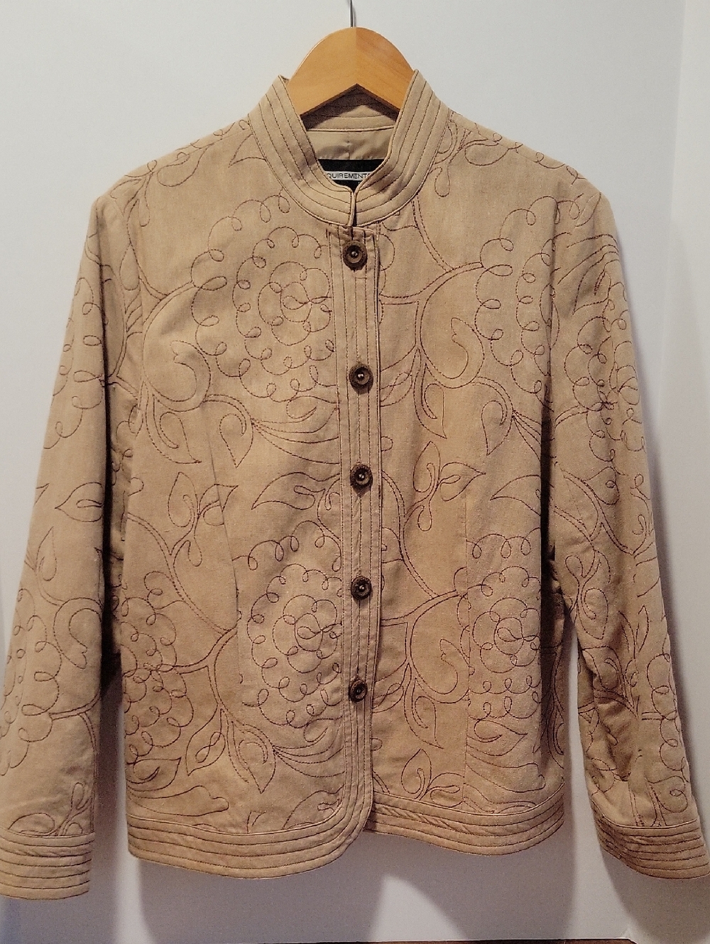 Requirements Women's Petite Large Jacket Tan w/ Brown Embroidery Mandarin Collar